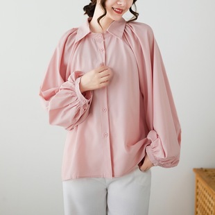 Artistic Simple Batwing Sleeve Solid Color Plus Size Shirt Exquisite Turn-Down Collar Loose Versatile Top for Women Trendy