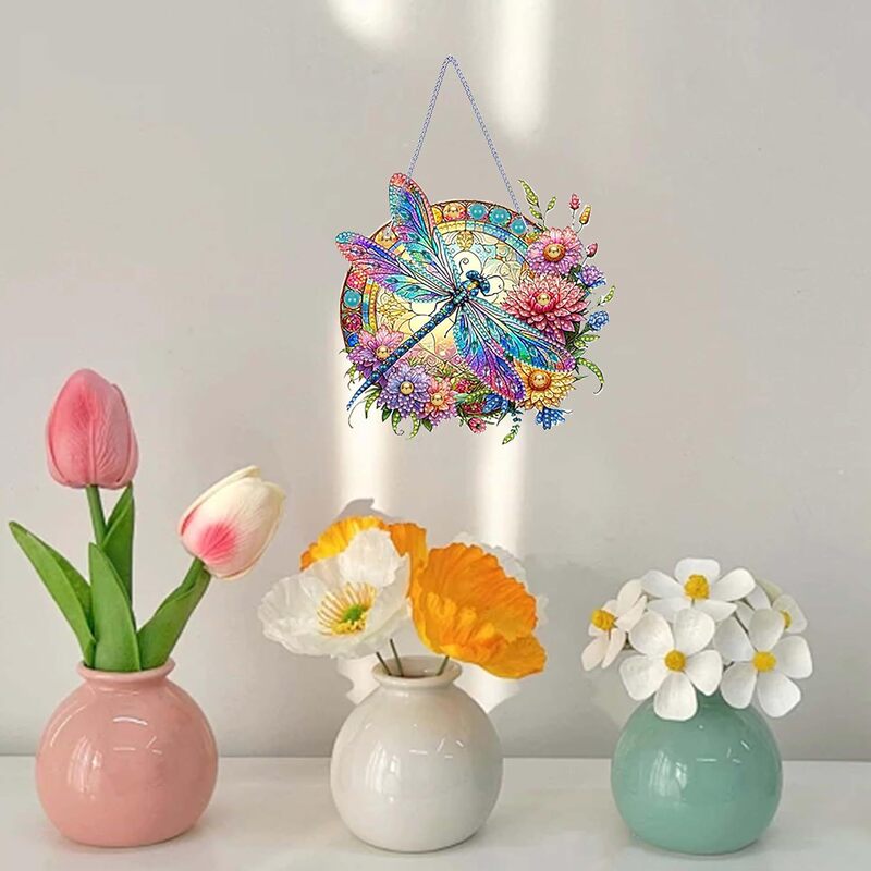 Cross-Border 1-Piece Diamond Painting Acrylic Pendant, Dragonfly Theme Suitable for Home Decoration Round Diamonds