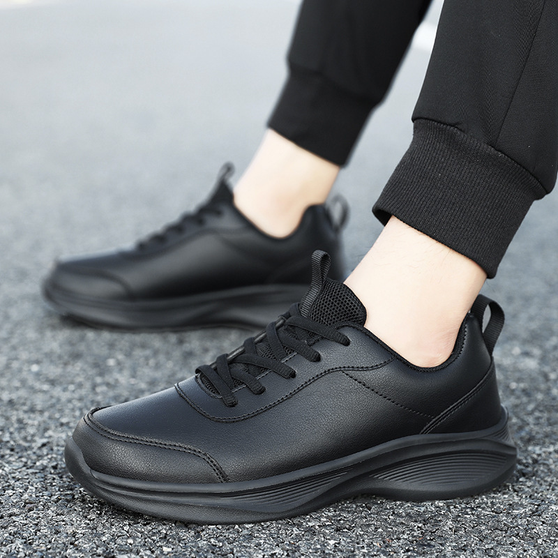 Black Leather Men's and Women's Shoes Thick-soled Lightweight Sports Shoes Large Size Casual Walking Running Shoes Soft Sole Comfortable Work Shoes