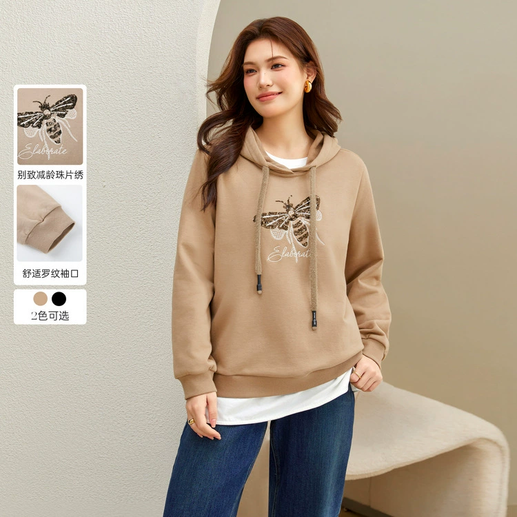 [Модный свитер с вышивкой из бисера с капюшоном] Funny Show большой размер женский минус дикий топ толстый мм зимняя одежда новый