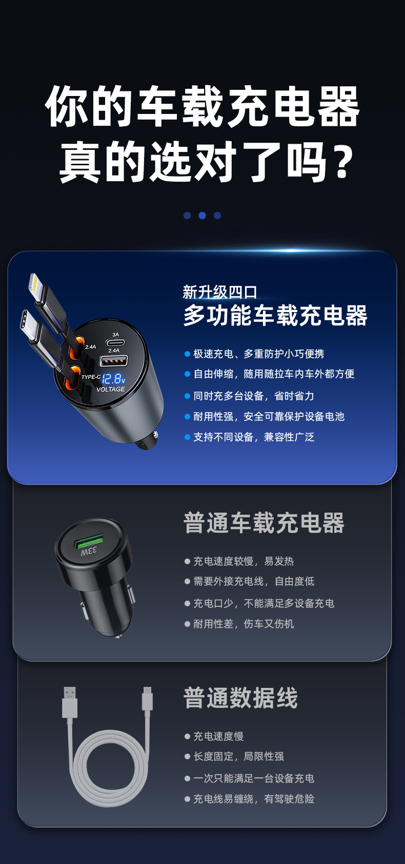 Car Charger, Fast Charging, Car Retractable Cable, One to Four Cigarette Lighter Conversion Plug for Mobile Phone