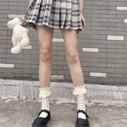 Japanese retro milky white bow hollow lace love jacquard calf socks lace short socks JK mid-calf socks