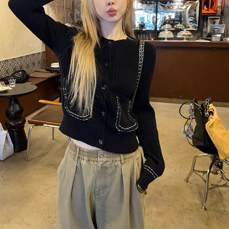 Juniper Handmade Contrast Crochet Sweater Cardigan Casual Slim Sweater Autumn and Winter
