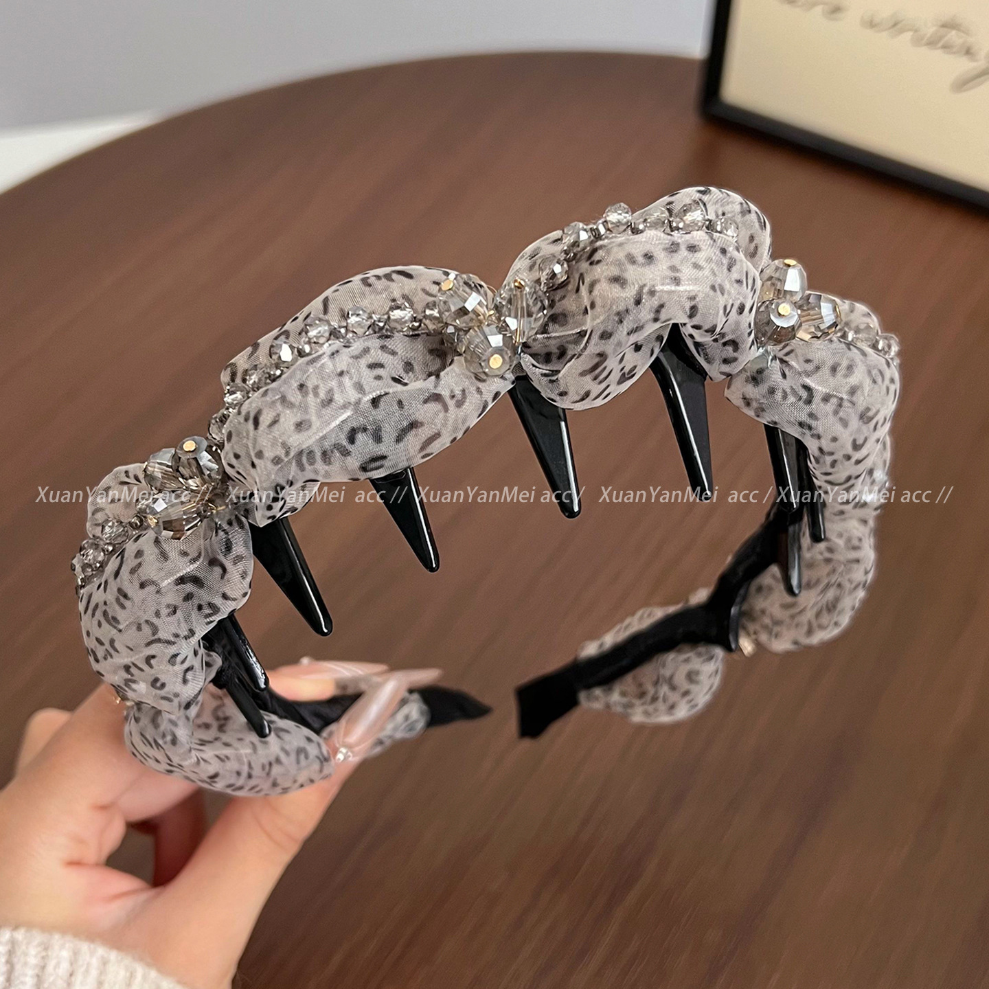 Apricot leopard print mesh diamond crystal headband