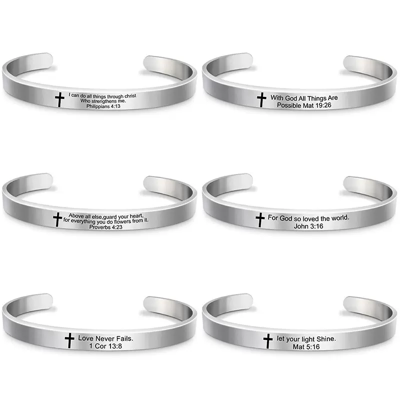 手镯不锈钢 欧美跨境礼品手环节日礼物励志短语刻字开口钛钢手镯