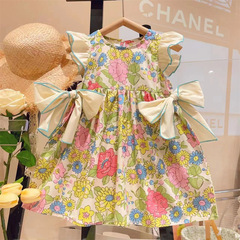 Women's Retro Floral Edge Fly Sleeve Bowknot Tie-Dress Summer 2024