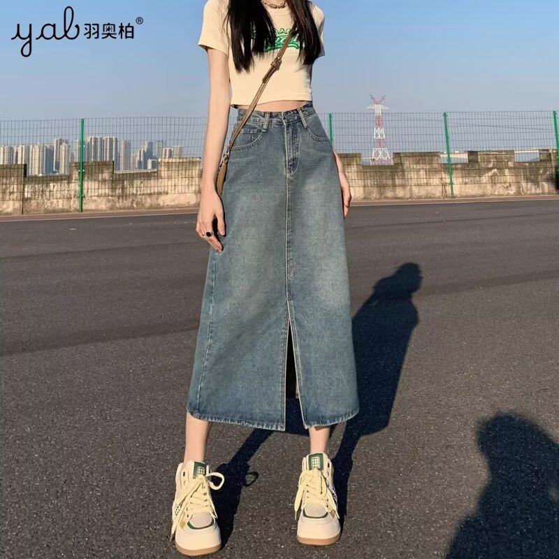 高腰开叉牛仔半身裙女春夏A字裙包臀半裙小个子梨形长裙薄款显瘦