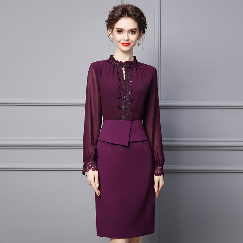 Zhili Formal Occasion Dress 2026 Spring New Style Ruffled Stand Collar Purple Long Sleeve Slim Fit Bodycon Dress