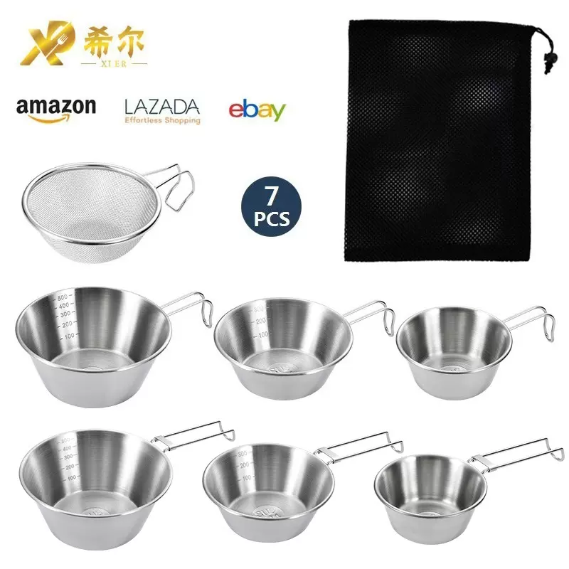 304不锈钢折叠雪拉碗户外野餐露营便携登山网袋套装折叠碗挂钩碗