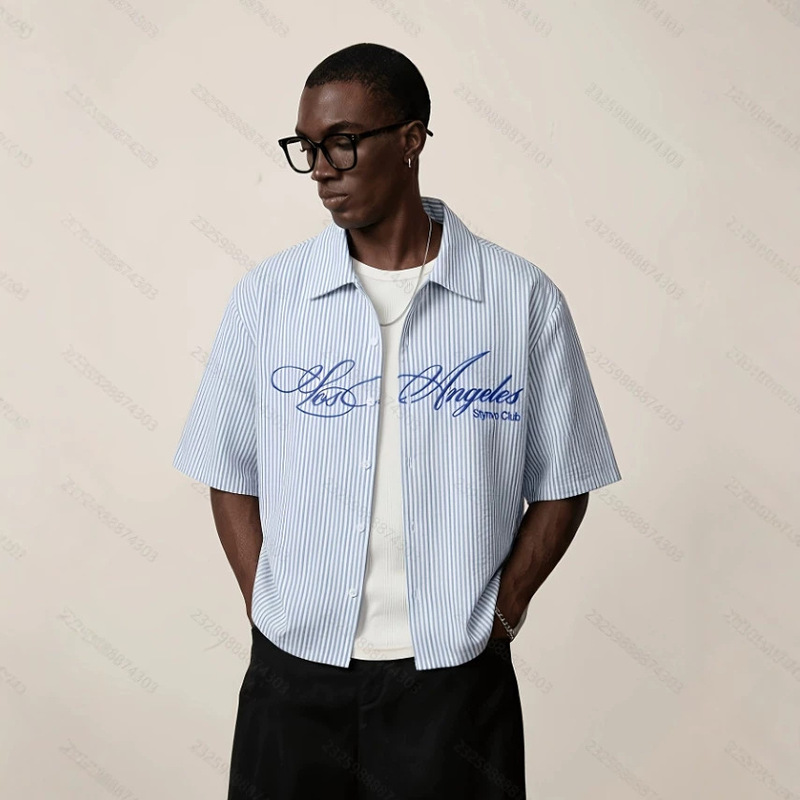 Men's Striped Letter-Print Single-Breasted Casual Shirt, Suitable for Everyday Wear Men's Striped Letter-Print Single-Breasted Casual Shirt, Suitable for Everyday Wear