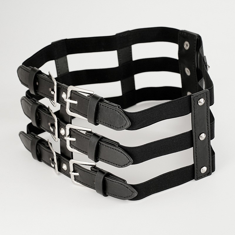 New Waistband with Waistband and Three Row Needle Buckle Ins Punk Women's Fashion Matching Dress Shirt Elastic Wide Waistband_voghion.com