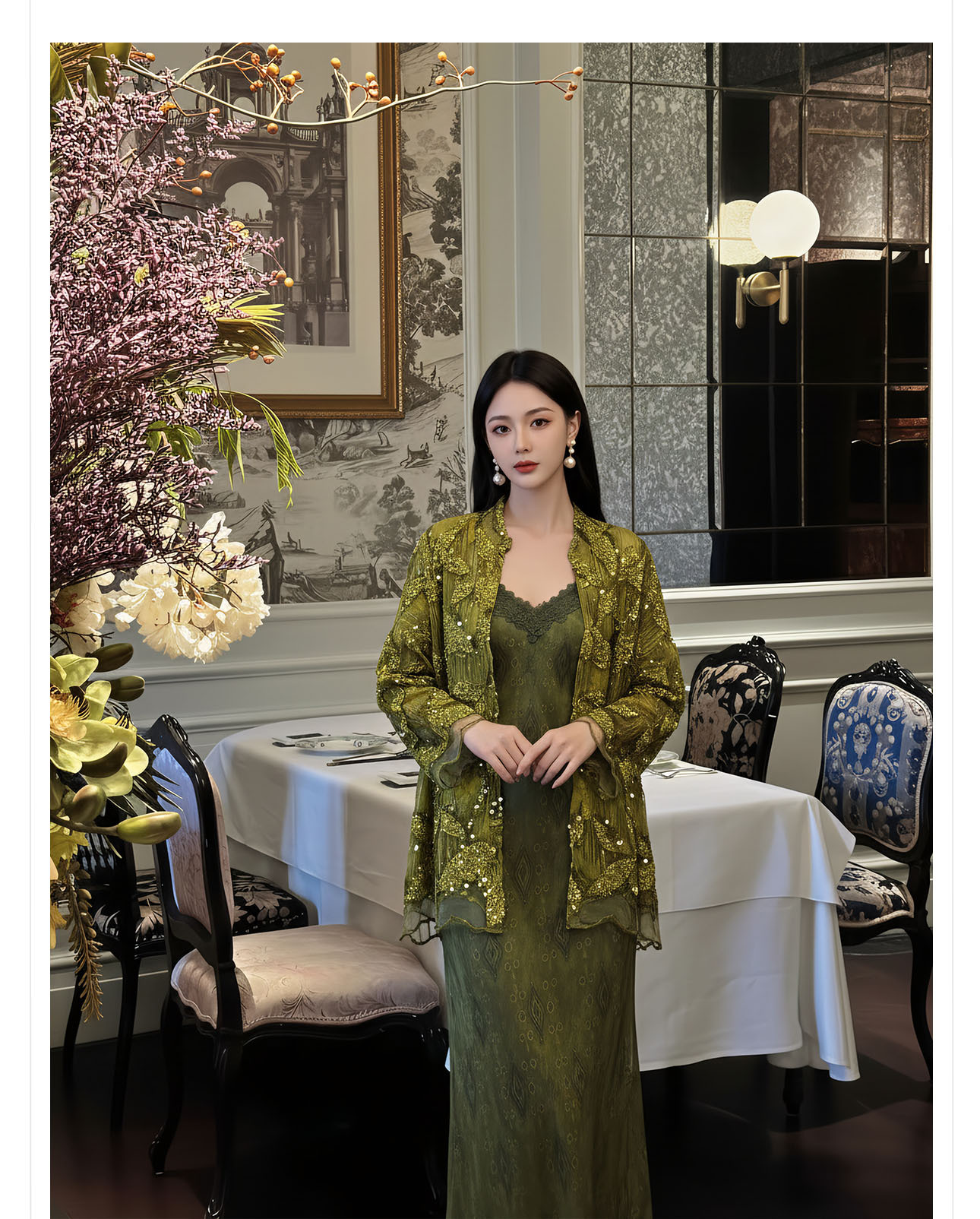 Bộ áo kiểu tân cổ điển phối váy yếm ren hoa thêu — Bộ【Áo vàng xanh + Váy yếm màu matcha】, Áo vàng xanh, Váy yếm màu matcha, Váy yếm đen cao cấp chi tiết 5
