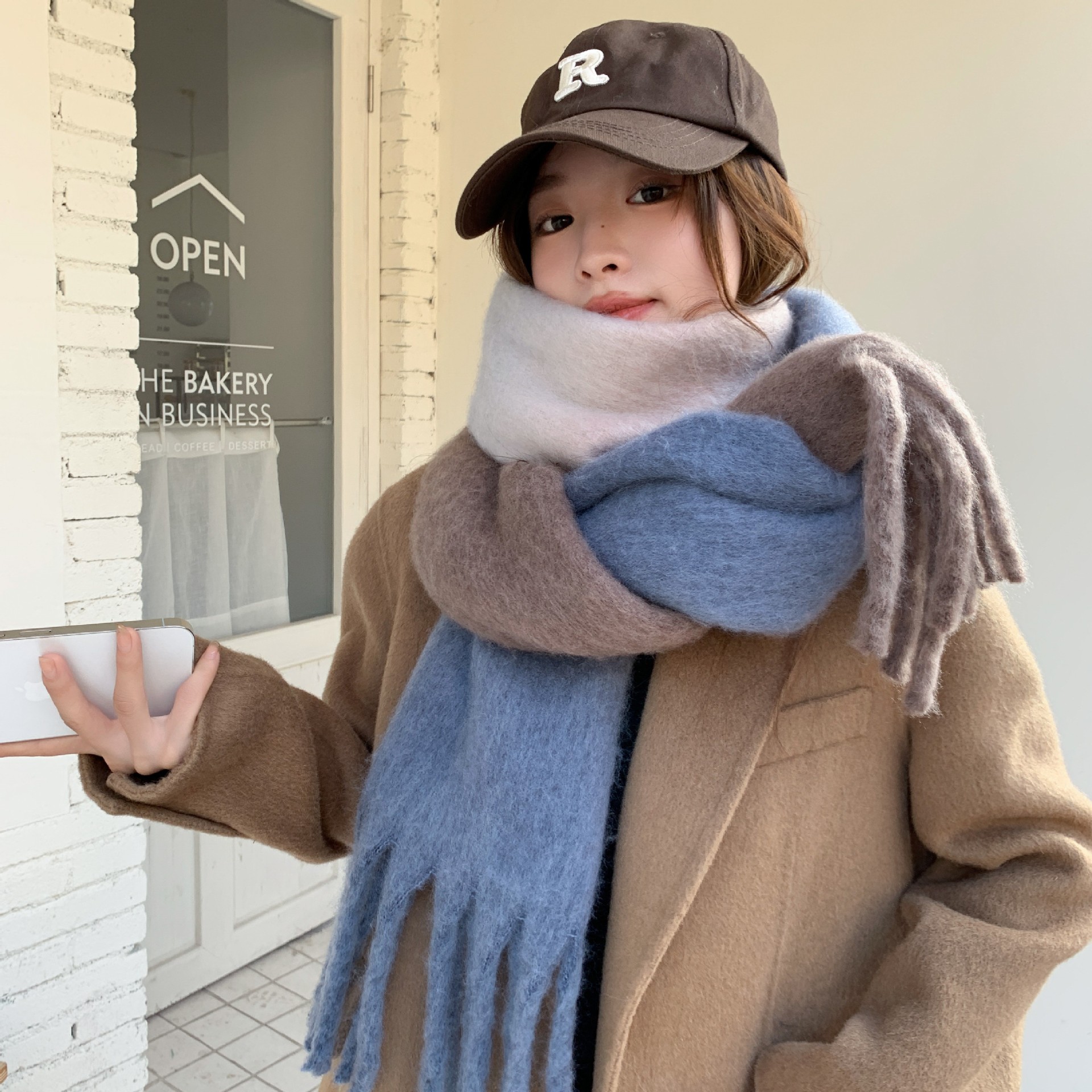 Estilo coreano de alto grado de tres colores costura bufanda de Cachemira de las mujeres de otoño e invierno chal atmósfera versátil engrosada bufanda de las mujeres