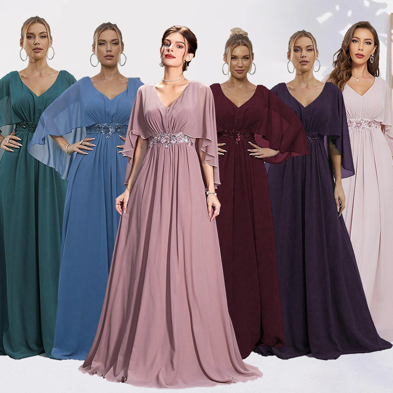 Guangzhou Jiayi Costume Cross-border Evening Dress V-Neck Horn Sleeve Sequin Machine Embroidered Applique Elegant Prom Gown