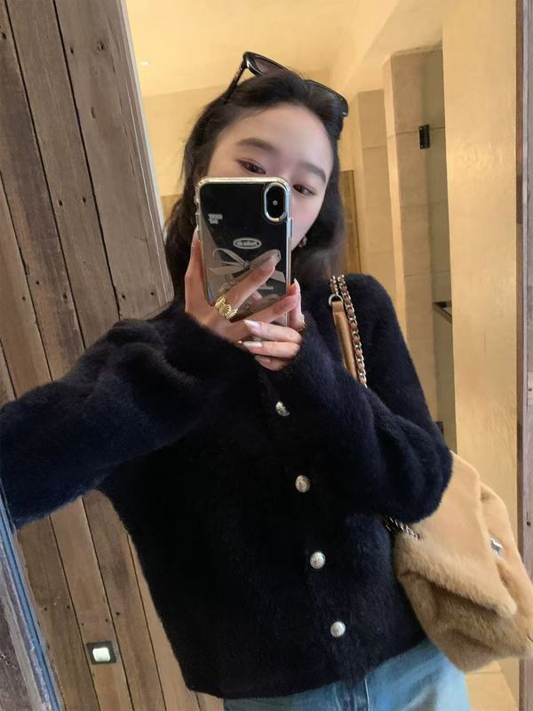 韩版仿水貂绒宽松设计感法式甜美毛衣女2025秋冬新款针织开衫外套|undefined