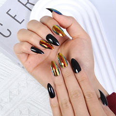 跨境穿戴甲24片尖頭美甲貼片菱形格紋磷光假指甲杏仁甲穿戴甲批發