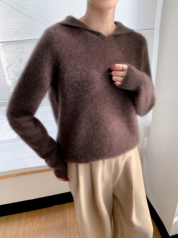 新款2025年秋冬100羊毛七针加厚女连帽针织衫长袖女纯色软糯毛衣|undefined