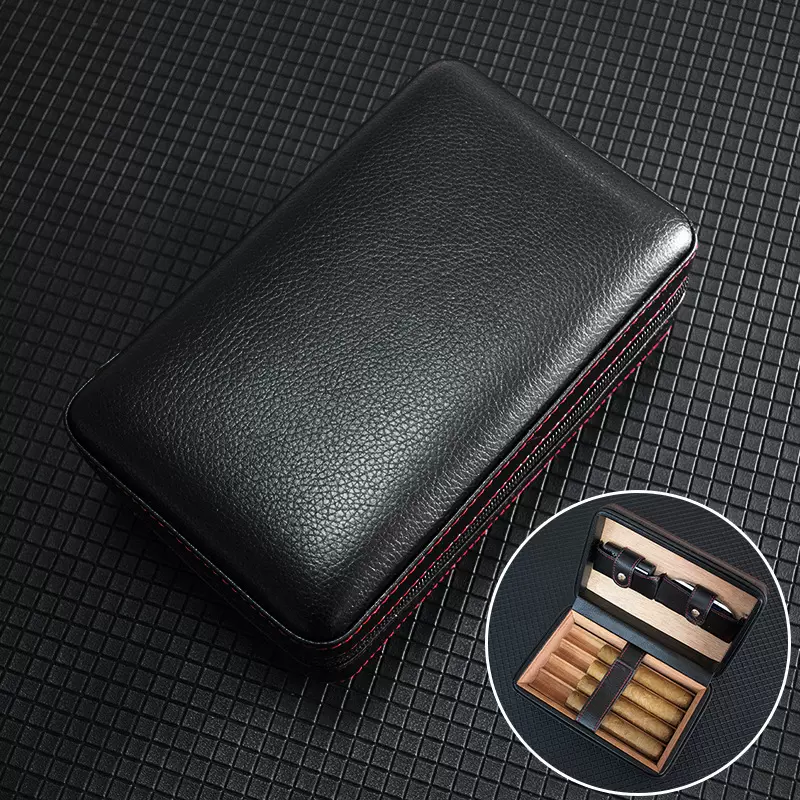 雪茄皮盒黑色木盒皮套可配雪茄剪打火机PU皮雪茄储存盒便捷式拉链