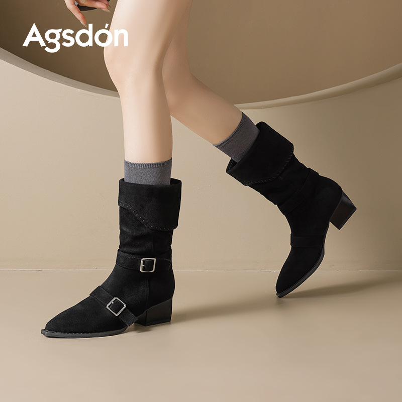 Augu Shi Deng marrón botas cortas mujeres 2025 nuevo otoño invierno botas Martin de talón grueso Meirard punta de moda botas de una sola