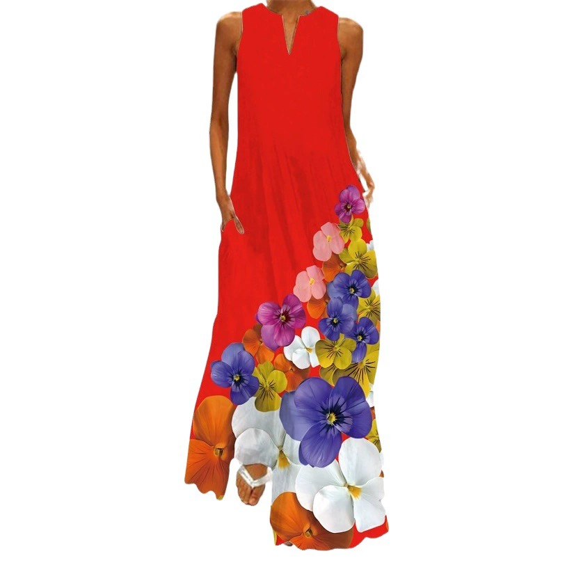 2024 новый стиль летней женской женщины без рукавов с v-образным вырезом с принтом сексуальное платье длинное платье европейская и американская трансграничная внешняя торговля женская одежда