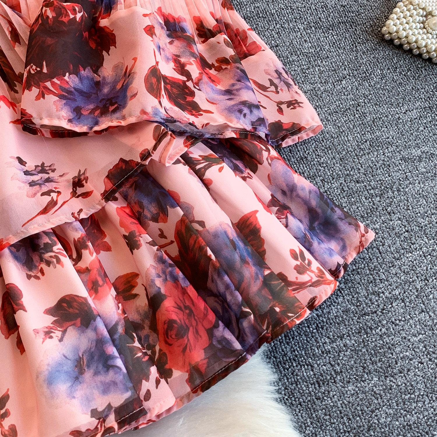 Floral Print Sweetheart Dress for Women with Bow Tie round Neck Flutter Sleeves Waist Tie Ruffled Hem Versatile Design_ecoleips.com