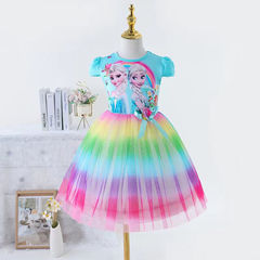 2022新款冰雪奇緣艾莎公主裙女童連衣裙夏季彩虹網紗亮片蓬蓬裙潮