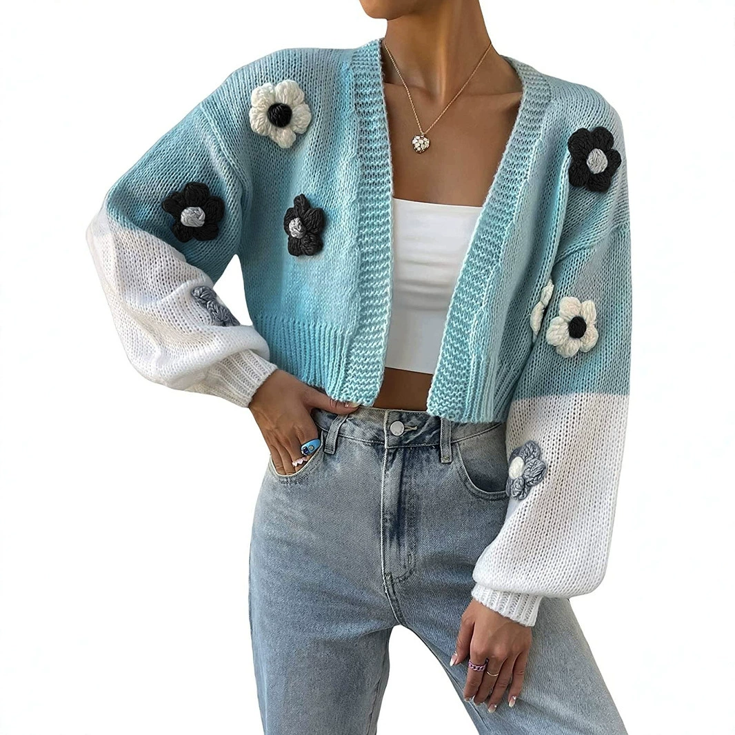 Внешняя торговля Трансграничная Европа и США Амазонка с длинными рукавами кардиган Короткие цветы декоративные куртки вязаный свитер весна и осень зима