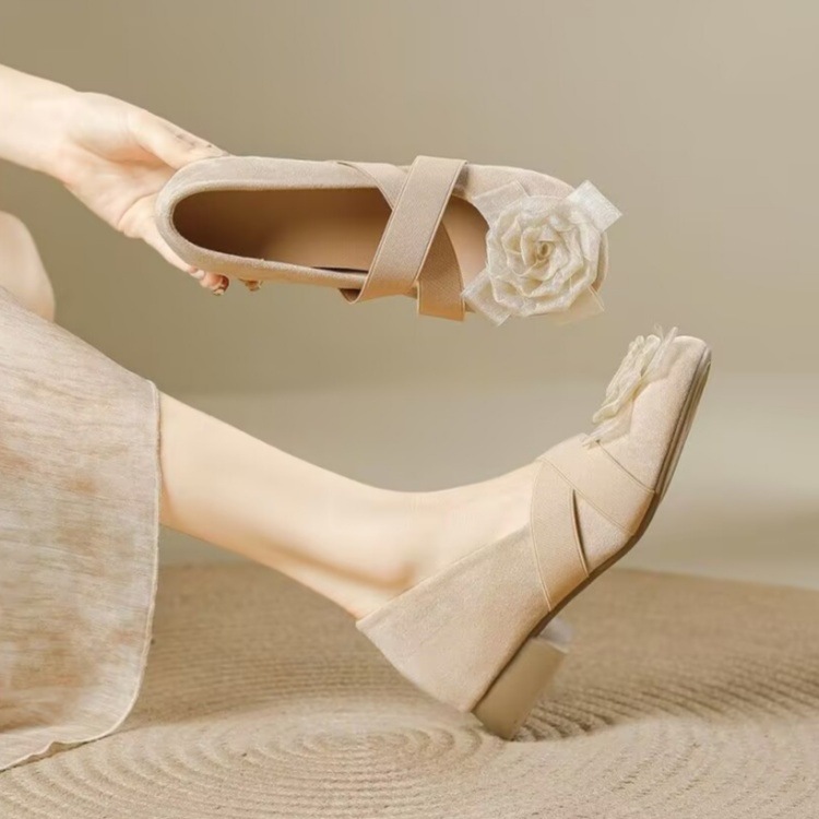 Inner Heightening Thick Heel Flower Shallow Mouth Flats for Women 2025 New Soft Leather French Cross Strap Ballet Shoes Mary Jane Shoes