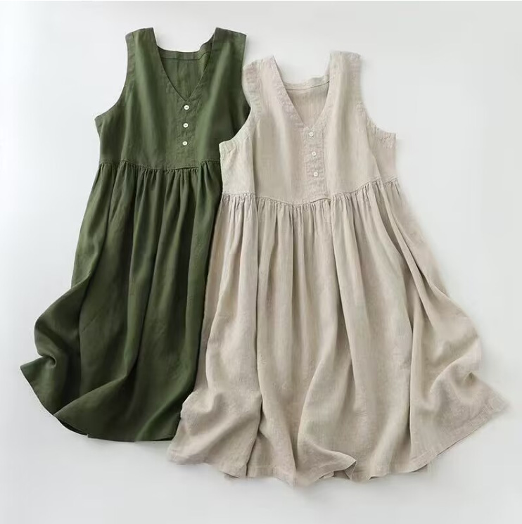 Cotton-linen V-neck tank dress, reversible front and back, youthful and artistic suspender dress, Japanese-style linen sleeveless dress for women Cotton-linen V-neck tank dress, reversible front and back, youthful and artistic suspender dress, Japanese-style linen sleeveless dress for women