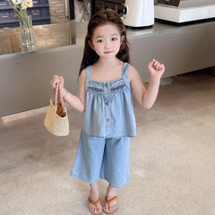 女童牛仔套裝2024新款夏款韓版中小童寶寶衣服無袖吊帶兩件套洋氣