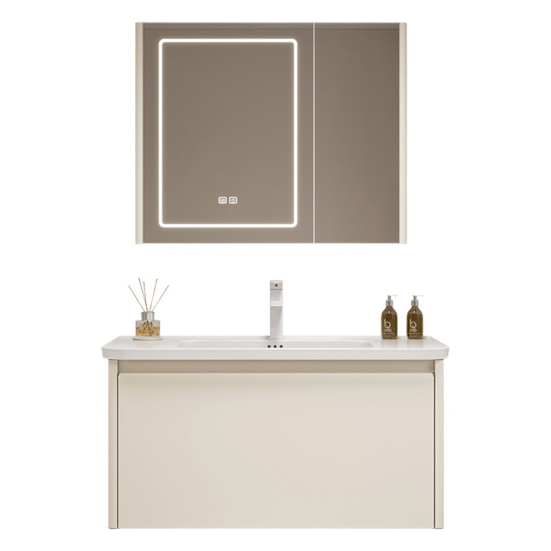 Estilo crema de acero inoxidable gabinete de baño combinación de cerámica cuenca integrada cuarto de baño redondeado lavabo