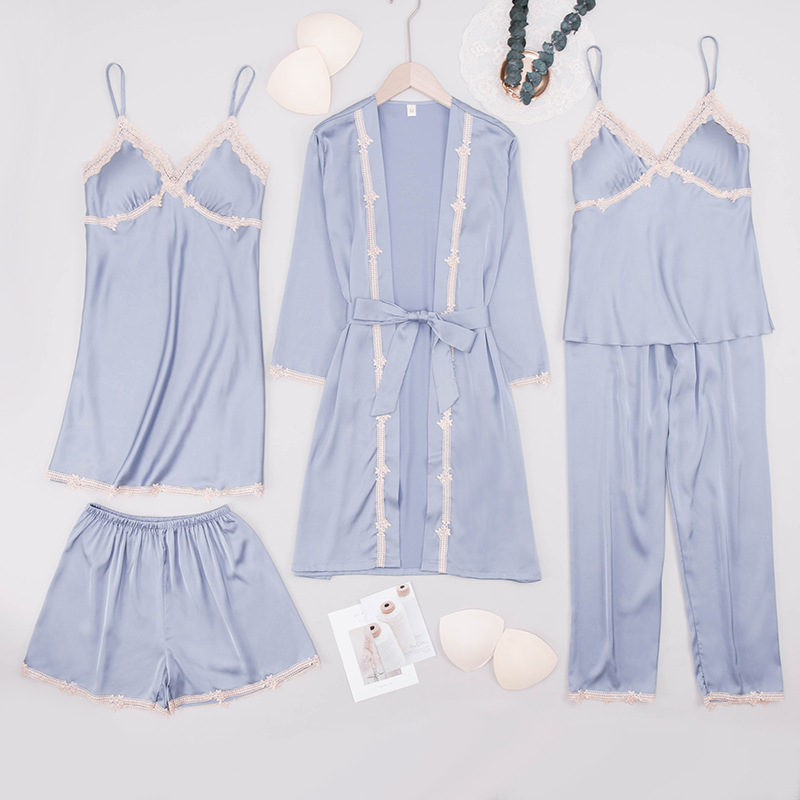 Yaoting-pijamas de gasa satinada para primavera y verano, conjunto de cinco piezas de seda helada, ropa de casa sexy informal y sencilla con almohadillas para el pecho