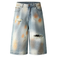 颓废土风美式复古黄泥染破洞七分牛仔裤男潮牌街头hiphop阔腿裤子