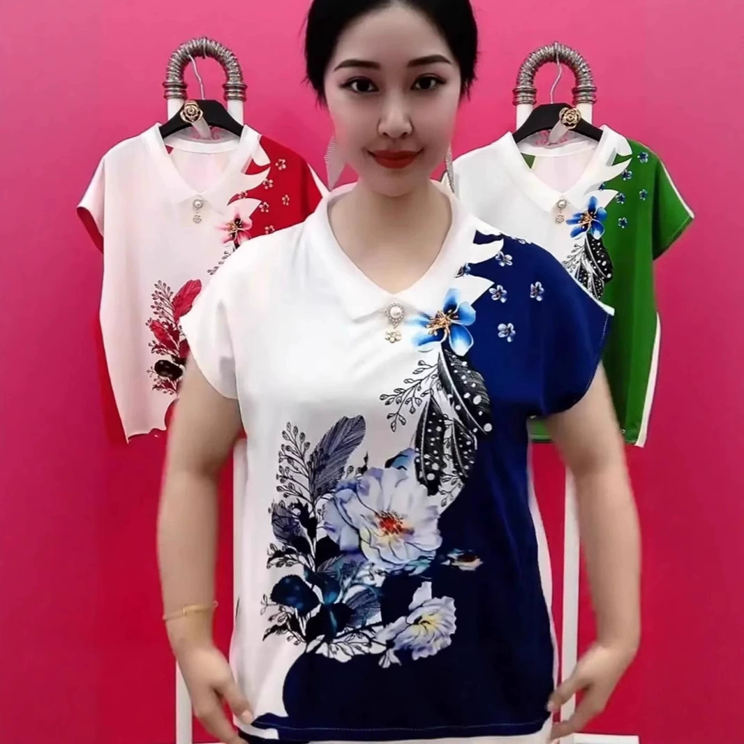 Новая женская рубашка больших размеров, женская летняя футболка с короткими рукавами и принтом, закрывающая живот, маленькая рубашка, уменьшающая возраст, свободный топ в иностранном стиле