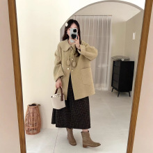 C 女式毛呢外套25韩系流行慵懒风中长款羊毛大衣郁金香绳结甜美