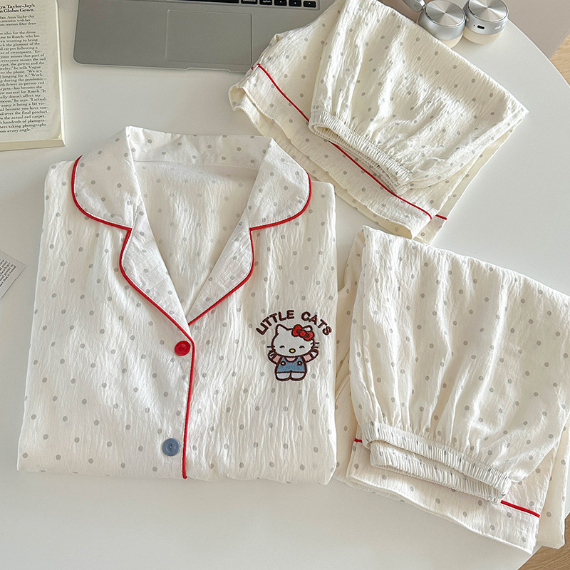 Japanese Style Polka Dot Hellokitty Cloud Pure Cotton Gauze Pajamas Women's Summer Short-Sleeved Korean Style Loose Three-Piece Home Clothes