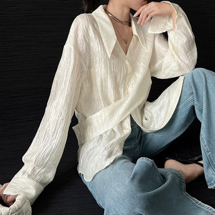 YQGFS# Tencel Acetic Acid Strap Shirt Women's Spring and Autumn Cross Waist Design Sense Loose Slim Top Women