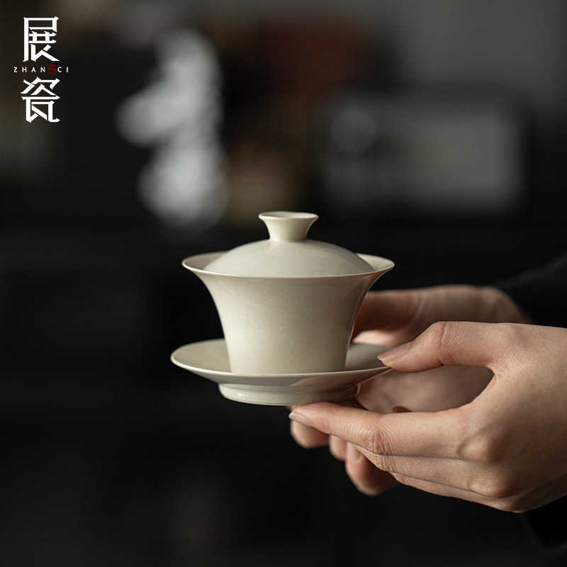 Porcelain Grass Ash Three-Talent Gaiwan Kung Fu Tea Set Thin-Walled Horseshoe Gaiwan Ceramic Anti-Scalding Household Hand-Held Tea Bowl Porcelain Grass Ash Three-Talent Gaiwan Kung Fu Tea Set Thin-Walled Horseshoe Gaiwan Ceramic Anti-Scalding Household Hand-Held Tea Bowl