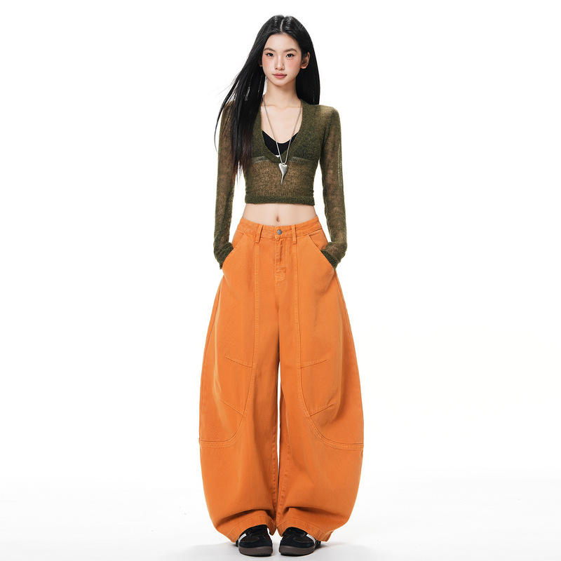 American Retro｜Scimitar Draping｜Loose Wide-Leg Jeans for Women, Orange Long Pants