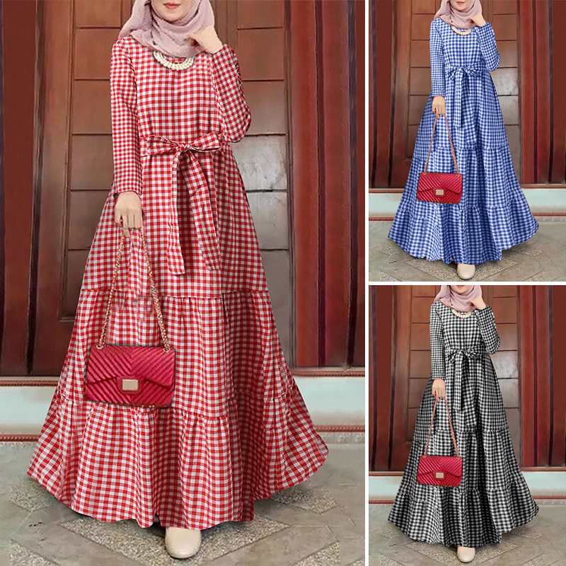 New Cross-Border Round-Neck Plaid Pullover Full-Sleeve Loose Dress with Belt New Cross-Border Round-Neck Plaid Pullover Full-Sleeve Loose Dress with Belt
