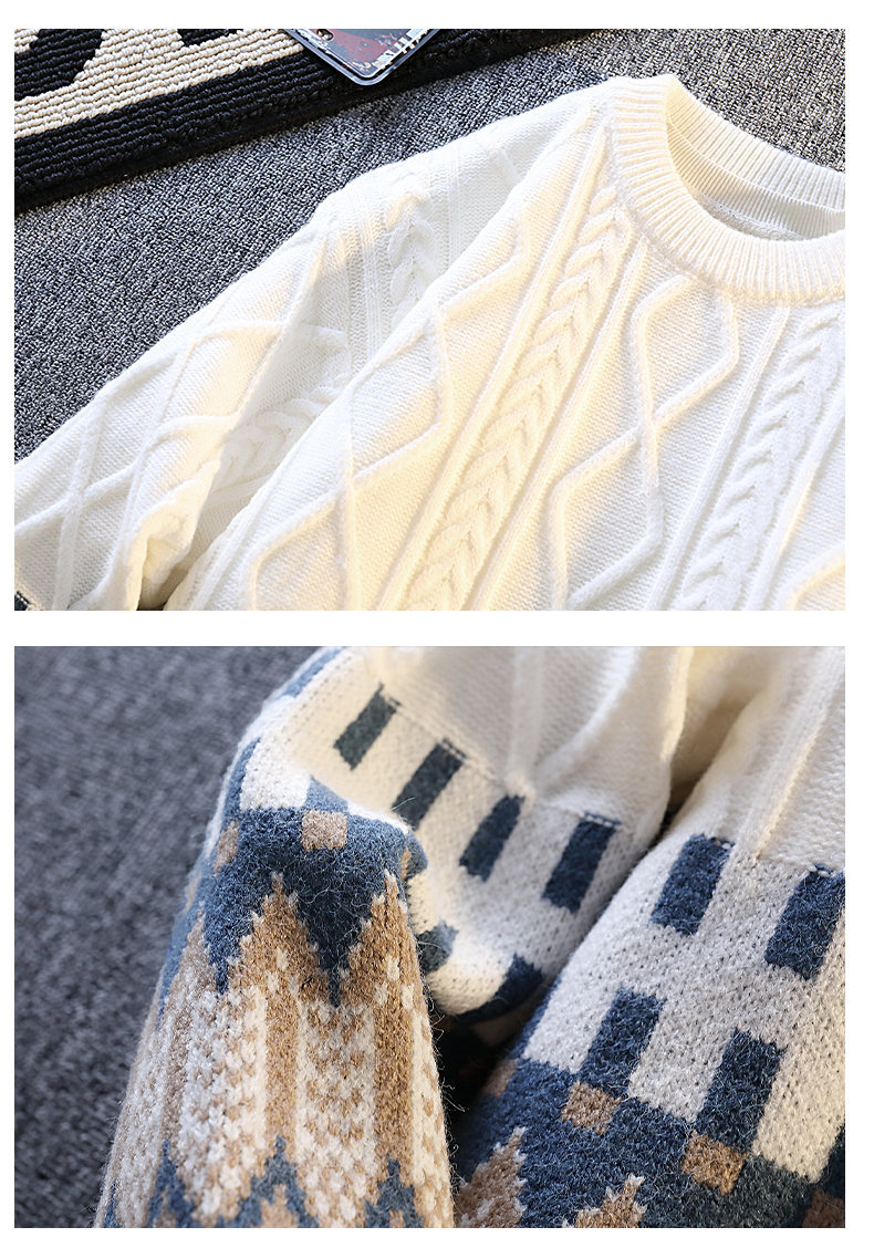 Herren-Langarm-Strickpullover, lässig, locker geschnitten, Rundhalsausschnitt, Polyester-Kaninchenwollmischung, Herbst-Winter-Mode mit Emblem-Design_voghion.com