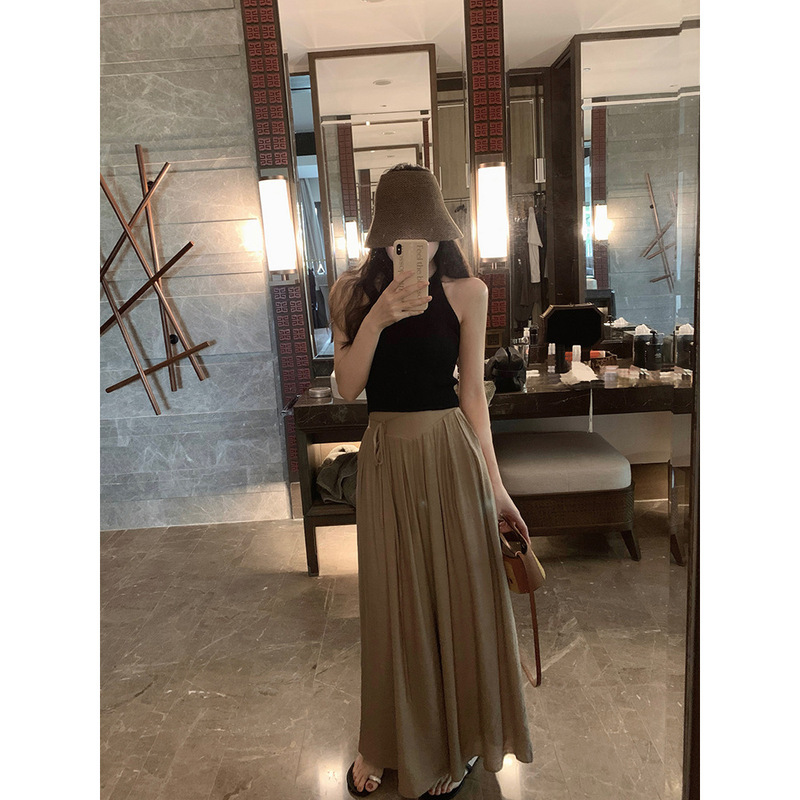 ピンクのコットンとリネンのワイドレッグパンツスカート女性の夏の薄い新しいスタイルルーズドレープハイウエストストレートカジュアルパンツ9点パンツ|undefined
