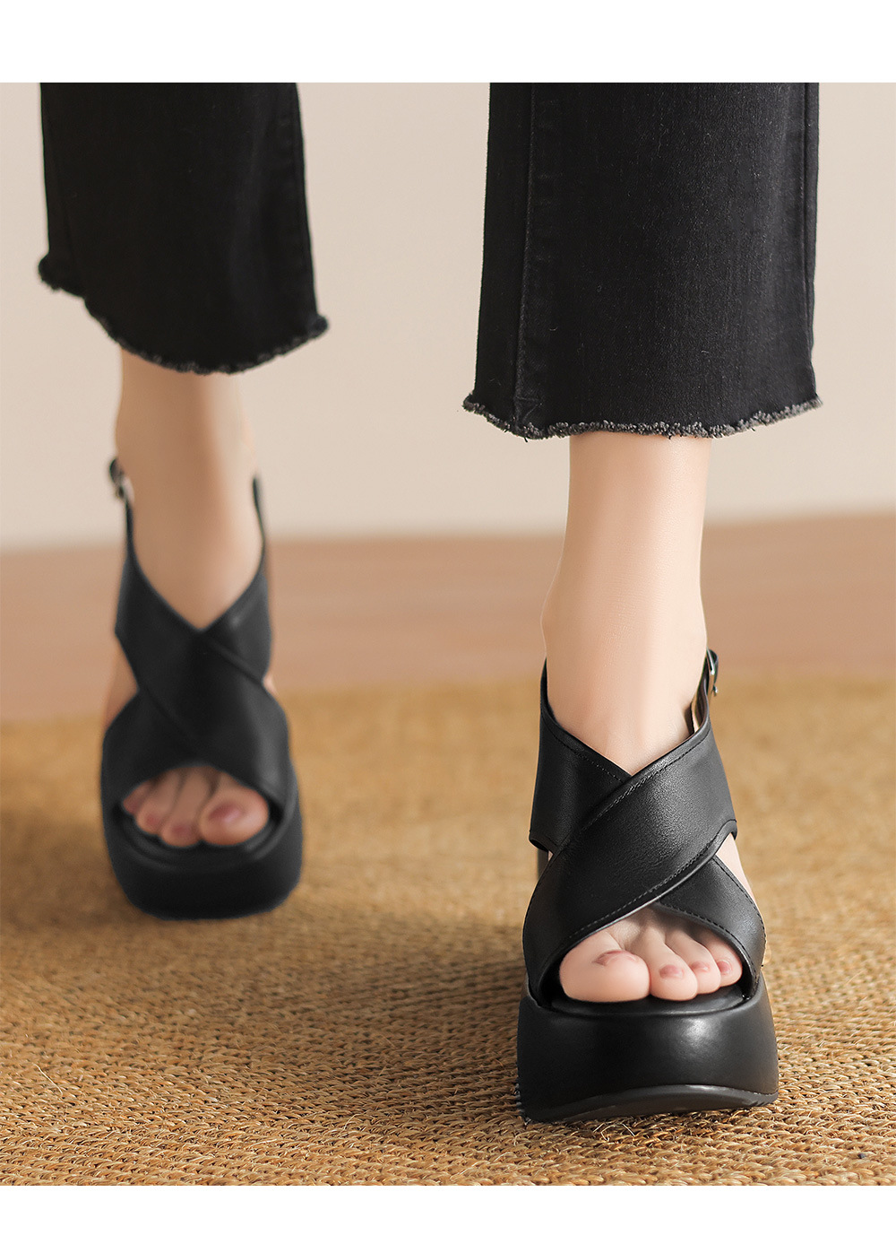 Sandal hở mũi da thật quai chéo kiểu Pháp, gót xuồng cao 9 cm, dáng thon gọn — Màu đen, Màu trắng be chi tiết 10