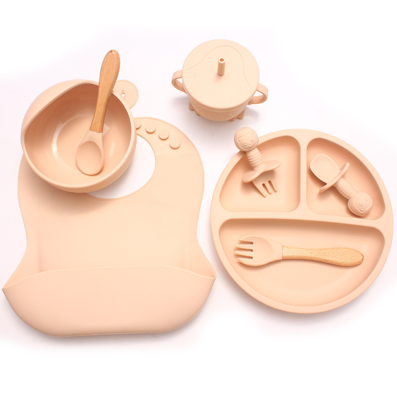Amazon ベストセラー子供用食器セットスマイリーフェイスシリコンディナープレート離乳食ボウルよだれかけスプーンとフォーク卸売