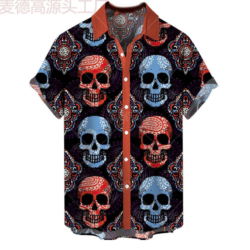 2024 Men's Halloween Shirt Men's Fun Pumpkin Skull Short Sleeve Button Hawaiian Holiday Shirt