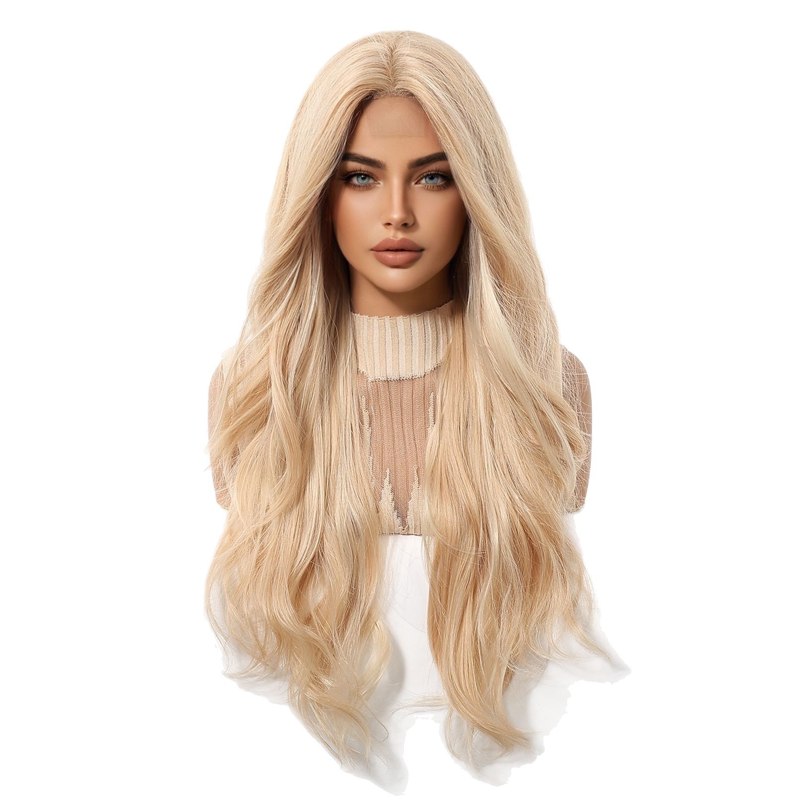 Amazon venta caliente transfronteriza frente encaje punto medio dorado gran ola pelo largo y rizado peluca de moda tipo de cabello completo