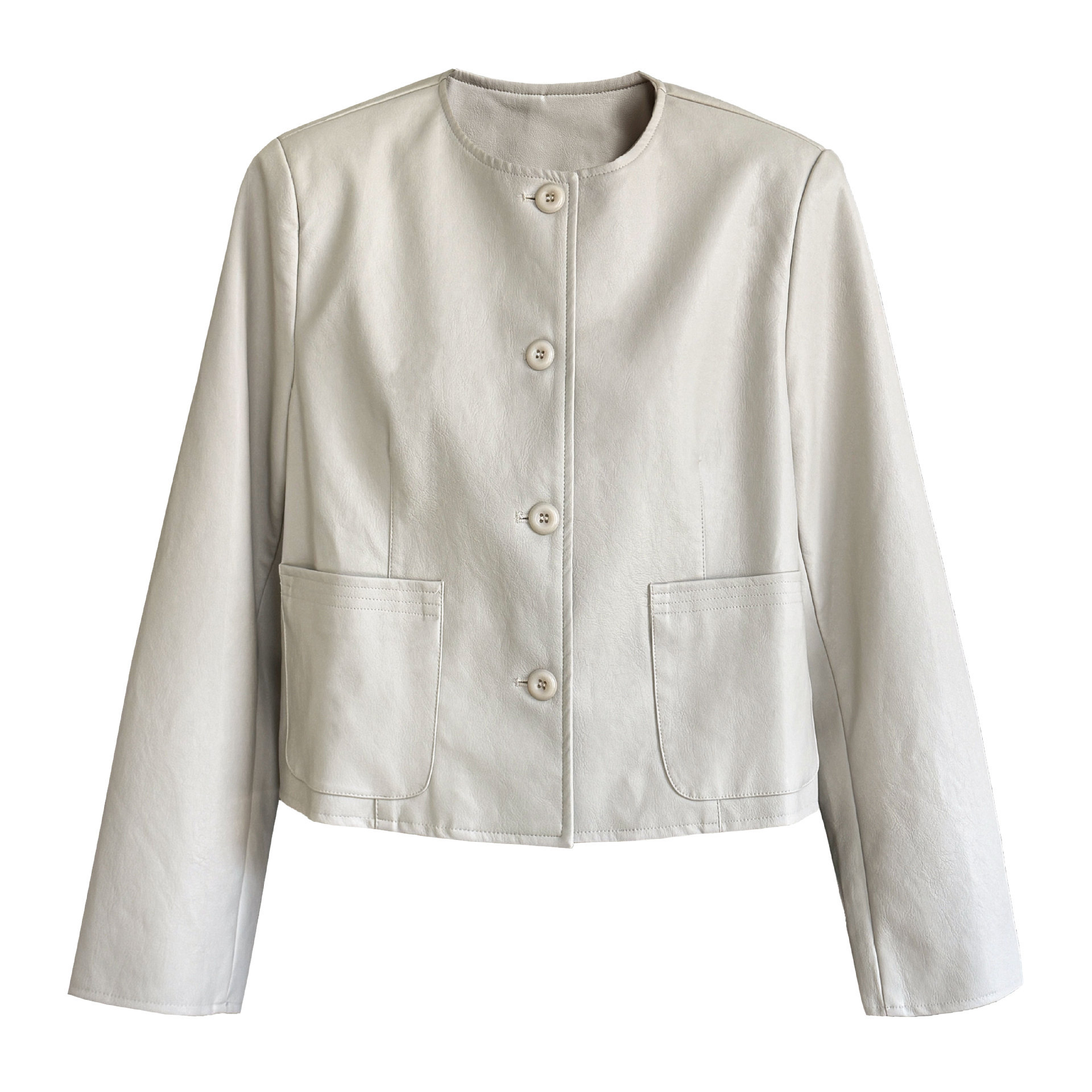 Classic Round Neck Korean Single-Breasted Short Leather Jacket for Women 2025 Autum New Classic Versatile Pu Jacket 8512