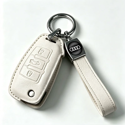 special A6L/A3/Q3/Q2L protective cover | Car key bag - model-d-white-leather-case-elastic-loop-leather-cord-key-holder