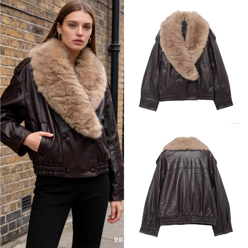 Z Brand Foreign Trade Cross-Border Wholesale European and American Style Women's Winter Detachable Collar Faux Leather Jacket