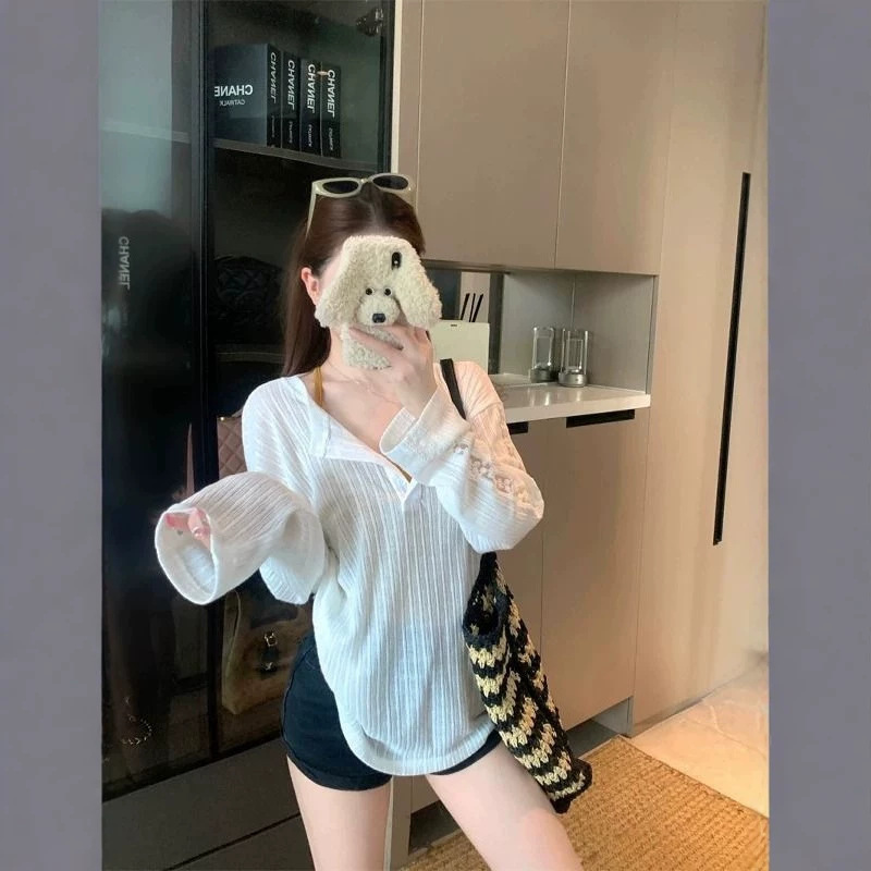 White Casual Long-Sleeve Loose T-Shirt for Women, Spring and Summer Thin Sun-Protective Cover-Up with Half-Open Collar and Hollow-Out Design